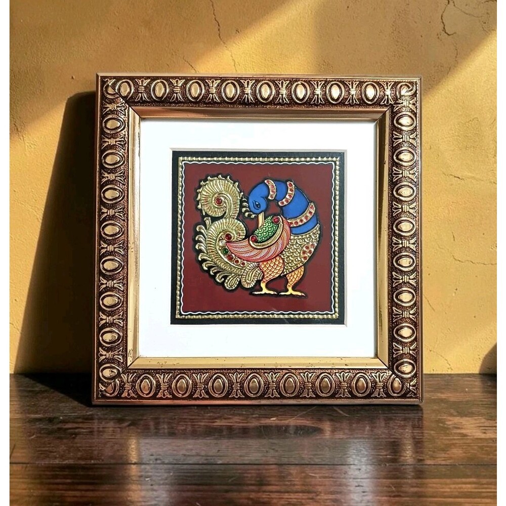 Vtg TANJORE Gold Foil Table Top Art Blue Peacock Bird Ornate Frame Ethnic INDIA